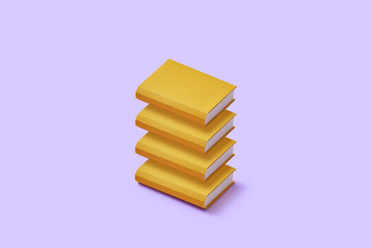 Four books made from paper levitating over purple background