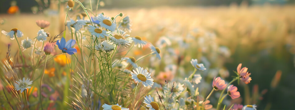 Field of Daisies -  a field of daisies in bloom, symbolizing purity and innocence.  Banner for Midsommar, Jaanipaev, Jonsok with copy space.