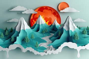 Global warming concept. Volcanoes, flood, fire on planet earth, climate warning, paper cut out style - obrazy, fototapety, plakaty