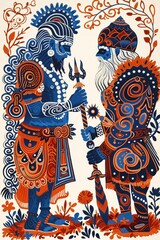Rama, the blueskinned avatar of Vishnu, faces off against Odin, the Allfather, their weapons radiating divine power as they prepare for battle , - obrazy, fototapety, plakaty