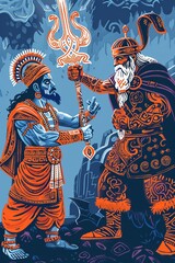 Rama, the blueskinned avatar of Vishnu, faces off against Odin, the Allfather, their weapons radiating divine power as they prepare for battle , - obrazy, fototapety, plakaty