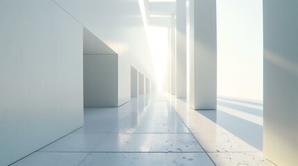 Empty white corridor in modern office building. 3d render illustration.