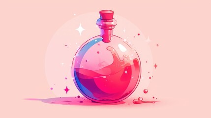 Illustration of a pink magical potion in a glass bottle with witchcraft elixir described as a chemistry concoction with pink liquid in an alchemical phial rumored to be an aphrodisiac depic