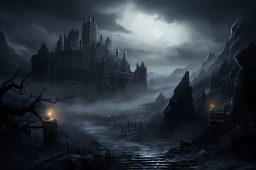 Dark night full moon. Dark night and full moon that illuminates a castle and medieval ruins .