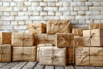 Obraz premium A myriad of neatly tied brown packages with string in an organized white brick room suggest shipping, logistics, or movement of goods