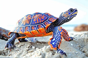 A turtle with the shell of a beetle slowly plods across the sand, its armored exoskeleton providing enhanced protection against predators , - obrazy, fototapety, plakaty