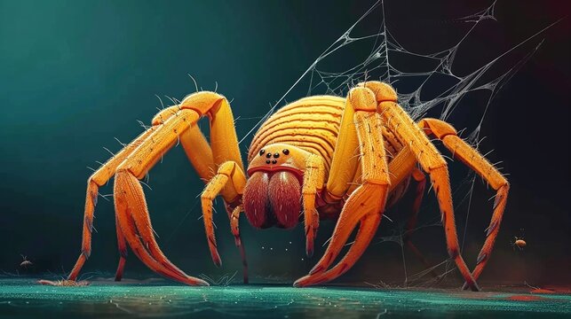 A spider with the venom of a scorpion spins its web, its deadly sting serving as a powerful defense against any wouldbe predators ,