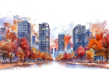 Autumn. Streets and high-rise buildings of a modern eco-city Eco-friendly urban design of the future