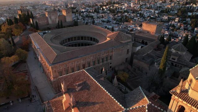  Aerial drone footage of the famous Alhambra palace and fortress in Granada