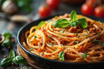 Delicious spaghetti pasta with rich tomato sauce and basil served on a stylish black plate