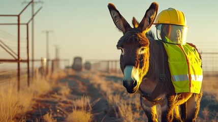 On a backdrop that speaks to the importance of safety, a donkey donned in a luminous safety jacket and a fitting yellow helmet embodies the spirit of World Safety Day. - obrazy, fototapety, plakaty