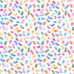 Fototapeta na wymiar Hand painted watercolor seamless pattern with multicolored festival colorful confetti.Halloween,christmas, birthday party background on white