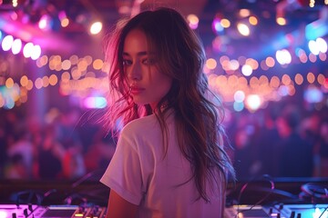 Attractive female DJ immersed in music against a background of neon lights at a club