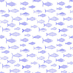 Hand drawn line art seamless pattern with many violet purple lined different fish on white background.Print cards,invitations,design