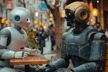 Two humanoid robots appear to be engaging in conversation in an urban setting, reflecting artificial intelligence in society