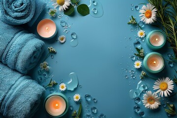 A serene blue setup featuring lit candles, daisy flowers, and fluffy towels for a calming spa-like environment - Powered by Adobe