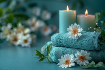 Fototapeta na wymiar Softly lit candles placed next to towels and daisies creating an inviting atmosphere for relaxation