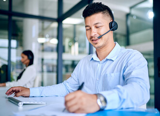 Man, writing notes and callcenter with telecom, communication and contact us with CRM. Happy...