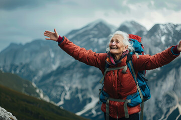 Elderly female hiker rejoicing at the peak of a mountain