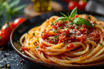 Perfectly cooked spaghetti topped with a rich tomato sauce and a sprig of fresh basil for a classic Italian dish