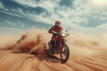 A bold motorcyclist ripping through the vast desert sands, leaving a trail of dust swirling in the air