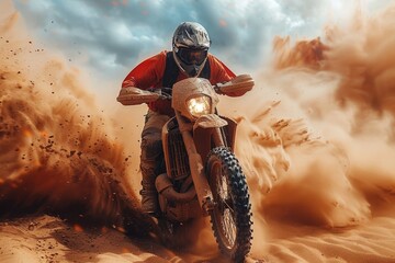 An intense scene capturing the determination of a biker battling the harsh desert environment