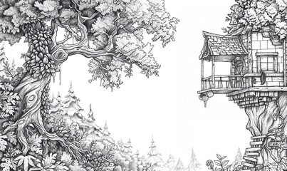 Illustrate a detailed pen and ink drawing showcasing a side view of a storytelling treehouse nestled in a magical forest, symbolizing the growth and creativity found in effective content strategy