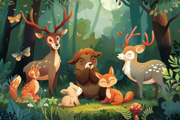 Illustration of a cartoon children's fairy tale about animals. Woodland creatures with deer and foxes in a tranquil forest setting, perfect for a children's story about friendship