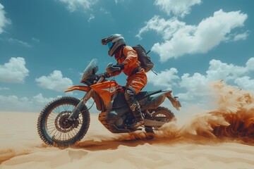 An action-packed shot of a motorcyclist expertly maneuvering through the desert dunes, kicking up sand