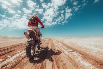 A motorcyclist on a dirt bike races across a sandy desert with a clear blue sky, embodying adventure and freedom in a vast landscape