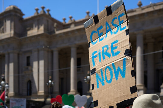 Home-made banner calling for Ceasefire at Palestinian  rally