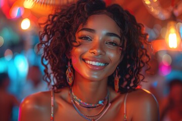 Beaming lady with curly hair and colorful jewelry enjoying nightlife - obrazy, fototapety, plakaty