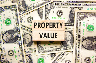 Property value symbol. Concept words Property value on beautiful wooden blocks. Dollar bills....