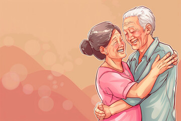Happy elderly Korean couple in casual wear on a pink background. Copy space.