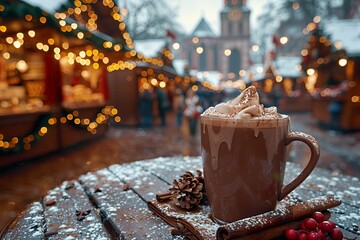 Hot chocolate on table with christmas market in the background with copy space