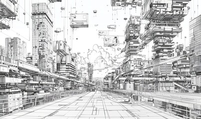 Illustrate a dynamic pen and ink drawing of a futuristic city skyline, where holographic ads for social media platforms hover above the buildings, blending the real with the digital world