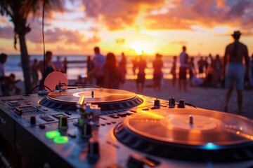 photo of DJ turntable with vinyl on the beach at sunset, crowd dancing in the background, bokeh effect, neon lights, tropical setting, vibrant colors, party atmosphere