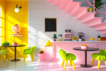 Design of a children's cafe in a yellow and pink style