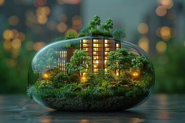 Lamp with a modern eco-city among trees and grass