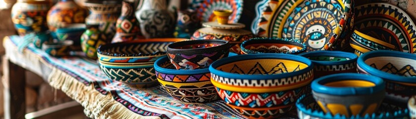 Fototapeta na wymiar A collection of colorful bowls in various shapes and sizes sits on a wooden table, Local production of crafts, folk art style.