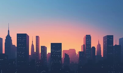 Fototapeta premium Illustrate a minimalist cityscape at dusk using sleek vector graphics, showcasing a few towering skyscrapers against a gradient evening sky