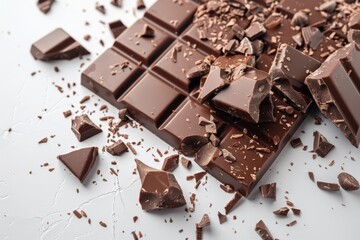 A close-up of a broken chocolate bar with scattered crumbs on a white surface. - obrazy, fototapety, plakaty