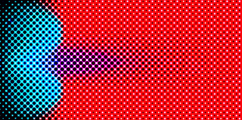 Abstract red and blue halftone artistic background creative illustration with copy space, light dots overlay colorful pattern with circles geometry halftone texture on black and light white.