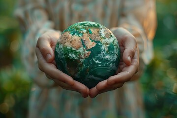 minimalistic design Many hands person holding the earth on a green background to protect nature