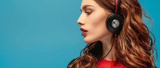 A vibrant portrait of a young woman wearing headphones, set against a bright blue background with ample copy space.