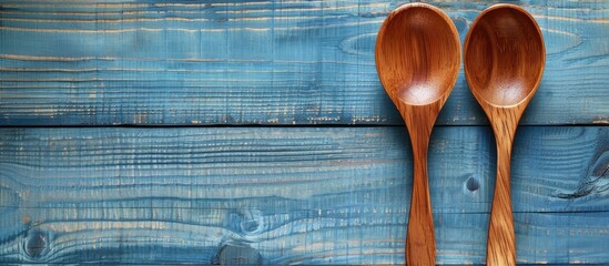 Wooden spoon and fork placed on a blue wooden table backdrop.