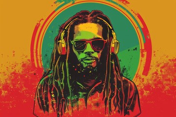 Fototapeta na wymiar Photo of reggae music themed background with dreadlocks rasta man wearing headphones and sunglasses, circular red green yellow gradient in the background, colorful musical elements and retro style