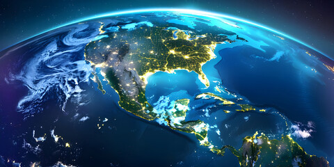 Earth at night from outer space with city lights on North America continent background - Ai...