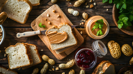 Artfully Composed Overhead Shot of Peanut Butter Sandwich Ingredients on Rustic Wooden Table