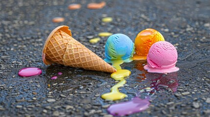 Melted pink ice cream cone on asphalt, colorful sprinkles. soft focus,defocus